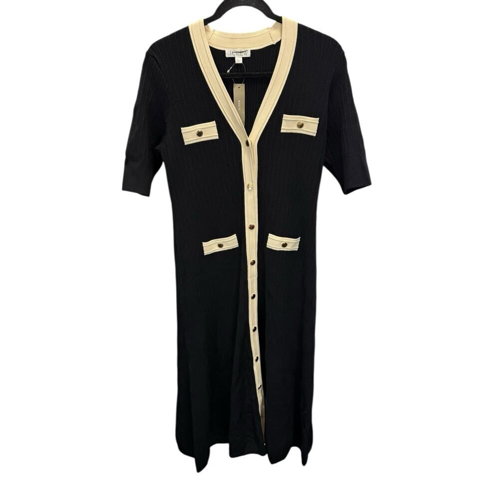 NWT J.Crew Ribbed Knit Dress Black Cream Trim Button Front Midi Size Large - Picture 6 of 12